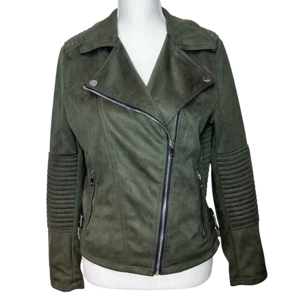 NWOT Women's YMI Olive Faux Suede Moto Biker‎ Jacket SZ M Zipper Ribbed Detail